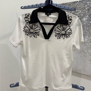 White and Black Floral Embroidered Polo Shirt